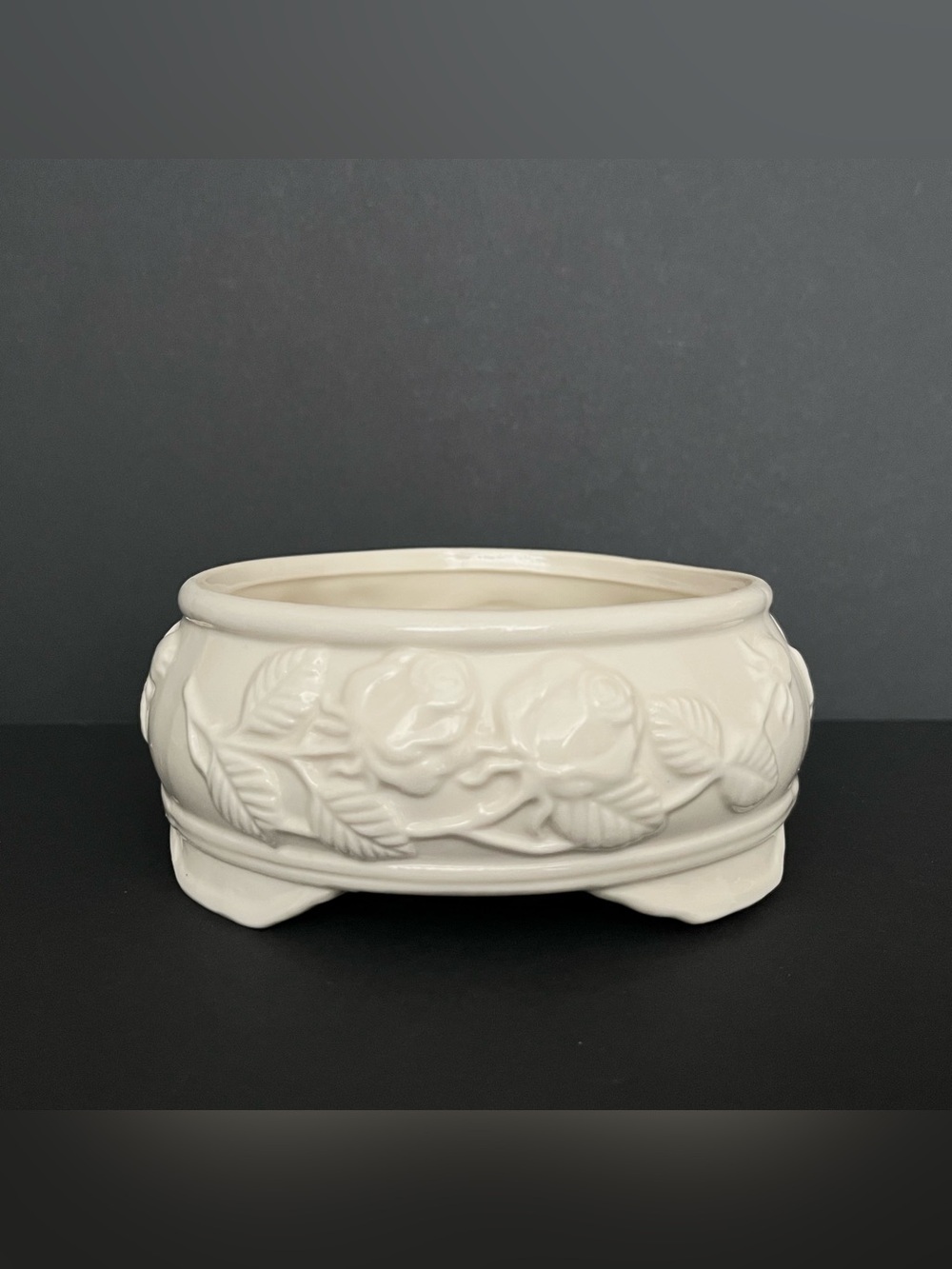 Vintage Ceramic Footed Bowl Floral Rose Embossed Ivory Cottagecore Victorian